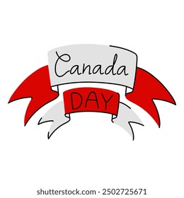 flat vector illustration with the inscription Canada Day on ribbons, handwritten. Inscription is made in the colors of the Canadian flag red and white, with the addition of black outline for emphasis.