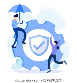 Flat vector illustration of insurance or protection concept for workers, bosses or managers to protect teams and colleagues. The company protects team members or employees.