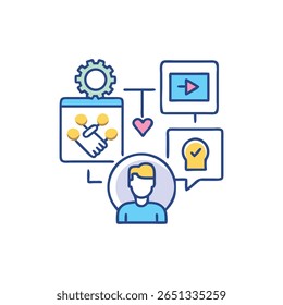 Ilustración vectorial plana de íconos interconectados que transmiten alianzas comerciales, planificación estratégica y soluciones tecnológicas para el desarrollo y la participación exitosos de proyectos.