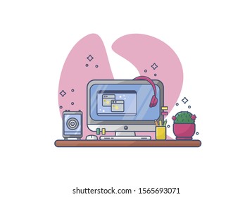 Flat vector illustration of the interior of a children's room for a girl. A cozy workplace for training. Isolated on a white background. For network.