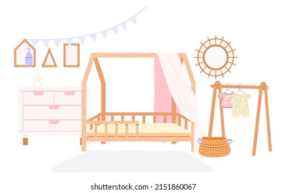 Flat vector illustration of the interior of a child's room in cozy Scandinavian style. Concept nursery interior design.