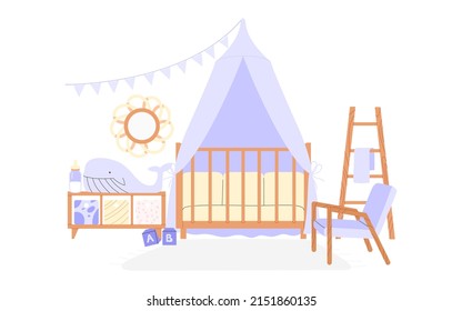 Flat vector illustration of the interior of a child's room in cozy Scandinavian style. Concept nursery interior design.