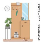 Flat vector illustration of interior, hallway, furniture. Wardrobe with mirror and hanger, houseplant.
Isolated element of furniture on white background, hallway concept.