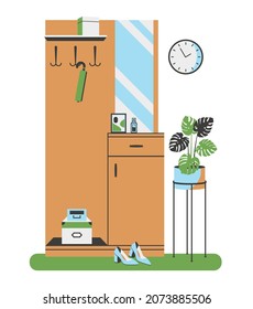 Flat vector illustration of interior, hallway, furniture. Wardrobe with mirror and hanger, houseplant. Isolated element of furniture on white background, hallway concept.