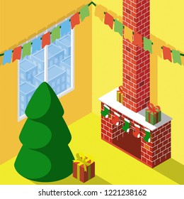 Flat Vector Illustration with interior icons. Yellow room with window overlooking the multi-storey houses of the city, Christmas tree, brick fireplace, gifts, socks and festoons in isometric view. 