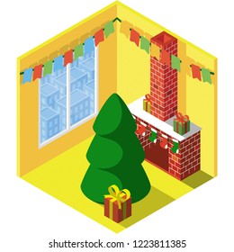 Flat Vector Illustration with interior icons. Yellow room with window overlooking the multi-storey houses of the city, Christmas tree, brick fireplace, gifts, socks and festoons in isometric view.