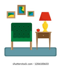 Flat vector illustration. The interior of the living room. Armchair with wall lamp on the nightstand. Recreation area. An isolated figure.