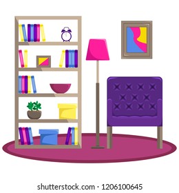 Flat vector illustration. The interior of the living room. Armchair with floor lamp and bookcase. Recreation area. An isolated figure.
