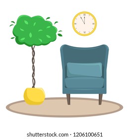 Flat vector illustration. The interior of the living room. An armchair with a potted plant in a pot. Recreation area. An isolated figure.