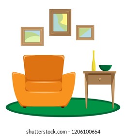 Flat vector illustration. The interior of the living room. Armchair with vases on the table. Recreation area. An isolated figure.