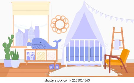 Flat vector illustration of the interior of a nursery in cozy scandinavian style. Concept child's room interior design.