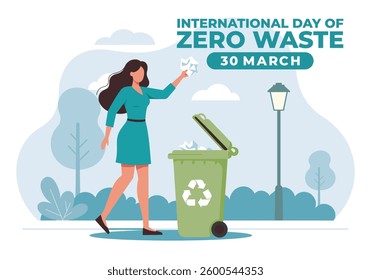 Flat vector illustration of International Day of Zero Waste featuring a woman throwing paper into a recycling bin. Promoting environmental awareness, sustainability, and responsible waste management