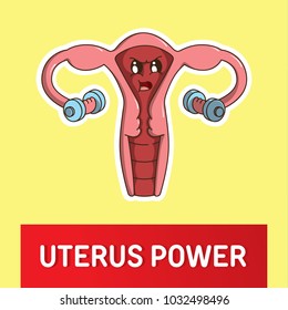 Flat Vector Illustration for International Woman's Day. Cute Cartoon Character: Uterus. Ban abortion in USA. My body my choise. Protection of human rights. Pro life. March 8. Sportsman. Dumbbell. Icon