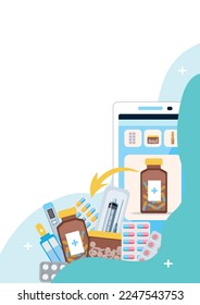 Ilustración vectorial plana de la farmacia de internet aislada en fondo blanco. Salud y medicina. Pedir medicamentos a través de una aplicación en un smartphone. Medicina en casa. Comprimidos, medicamentos, cápsulas, 