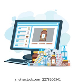 Flache Vektorgrafik der Internetapotheke einzeln auf weißem Hintergrund. Gesundheit und Medizin. Bestellen von Arzneimitteln über eine Online-Anwendung auf einem Smartphone, Tablet oder Computer. Medizin zu Hause.
