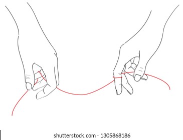 Flat vector illustration - an invisible red thread connects those who are destined to meet; for wedding design, Valentine`s Day cards, greetings, invitations, posters, banners, flyers, prints, web.