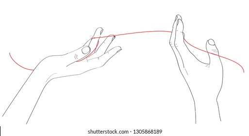 Flat vector illustration - an invisible red thread connects those who are destined to meet; for wedding design, Valentine`s Day cards, greetings, invitations, prints, posters, banners, flyers, web.