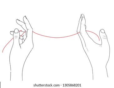 Flat vector illustration - an invisible red thread connects those who are destined to meet; for wedding design, Valentine`s Day cards, greetings, invitations, posters, prints, flyers, banners, web.