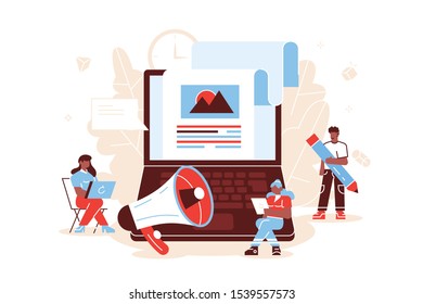 Flat vector illustration isolated. Blog content, Blogging, post Concept for web page, banner, presentation, social media, documents, cards, posters. Commercial Blog posting, Internet Blogging service