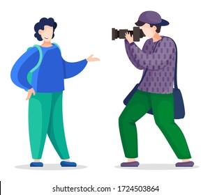 Flat vector illustration with isolated cartoon characters at white background. Stylish professional photographer shooting, taking photo of smiling posing guy with reflex camera, photo equipment