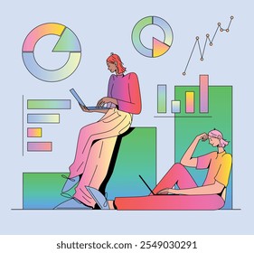 Flat vector illustration with isolated characters analyzing data. Female characters using laptops. Gradient charts include bar graph, pie chart, line graph. Minimalist style, calm emotions.