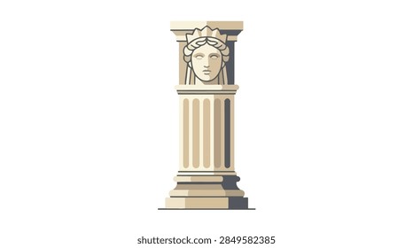 flat vector illustration of an isolated classical Greek pillar featuring a carved goddess face in beige and grey colors for architectural and vintage designs
