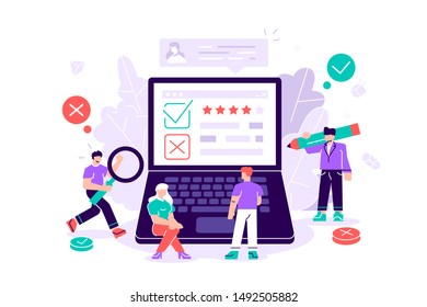 Flat vector illustration isolated. Feedback vector illustration on white background. Rating of work, Feedback from customers. opinion form, professional research team, best estimate of performance.