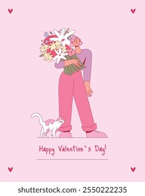 Ilustración vectorial plana aislada. Carácter femenino que sostiene el ramo de flores. Pelo corto rosado, ropa casual, emoción sonriente. Gato blanco de pie cerca de las piernas. Texto de saludo del Día de San Valentín