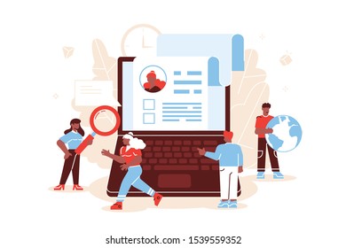 Flat vector illustration isolated. HR, hiring, application form for employment, Looking for talent. Human Resources, Recruitment Concept for web page, banner, presentation, social media. 