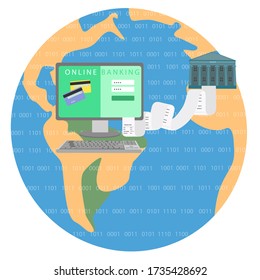 flat vector illustration isolated on white background online banking, on the planet earth there is a computer from which the transaction check comes out and reaches for the bank building