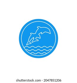 flat vector illustration isolated on white background, round linear blue color icon with two dolphins jumping out of the water, dolphinarium emblem