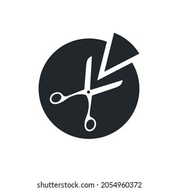 flat vector illustration isolated on white background, scissors in a pie chart, cutting a part from a whole