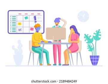 flat vector illustration isolated on white background, people work at the computer in the office, teamwork or discussion
