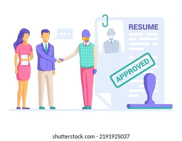 flat vector illustration isolated on white background, woman in red dress and men in business clothes shaking hands near paper resume and seal, approved resume or job acceptance