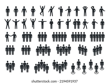 flat vector illustration isolated on white background, black color man icons set, business man silhouette in different poses