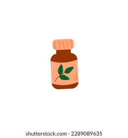 Flat vector illustration isolated on white background. Dark bottle with tea tree essential oil, aromatherapy.