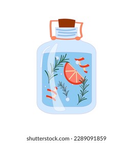 Flat vector illustration isolated on white background. Glass bottle with vinegar for eco-friendly cleaning. Rosemary and grapefruit.