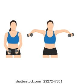 Flat vector illustration isolated on white backgroundWoman doing Lateral side shoulder dumbbell raises. Power partials exercise. Flat vector illustration isolated on white background