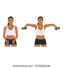 Flat vector illustration isolated on white backgroundWoman doing Lateral side shoulder dumbbell raises. Power partials exercise. Flat vector illustration isolated on white background