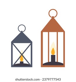 Ilustración vectorial plana aislada en fondo blanco, linterna con una vela. Lámpara de velas, decoración festiva de invierno. Decoración con llama ardiente, elemento aislado.	