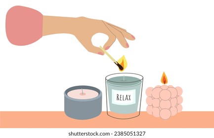 Ilustración vectorial plana aislada en fondo blanco. Persona que va a encender velas en frasco de vidrio. Mano humana sosteniendo palo de fósforo quemando fuego con velas. Combate de madera con fuego en la mano, relájate