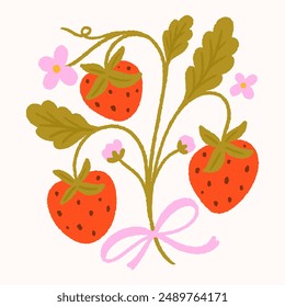 Flat vector illustration isolated on white background. Strawberry with a bow. Design for greeting card, poster, fabric.