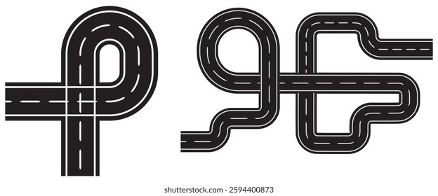 Flat vector illustration isolated on white background of wavy road with winding curves and horizontal path. Top view of race track and highway.
