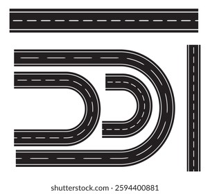Flat vector illustration isolated on white background of wavy road with winding curves and horizontal path. Top view of race track and highway.
