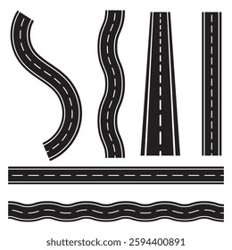 Flat vector illustration isolated on white background of wavy road with winding curves and horizontal path. Top view of race track and highway.
