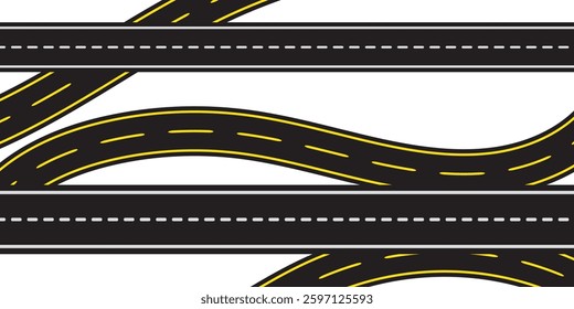 Flat vector illustration isolated on white background of wavy road with winding curves and horizontal path. Top view of race track and highway. EPS 10.