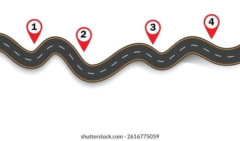 Flat vector illustration isolated on white background of wavy road with winding curves and horizontal path. Top view of race track and highway.