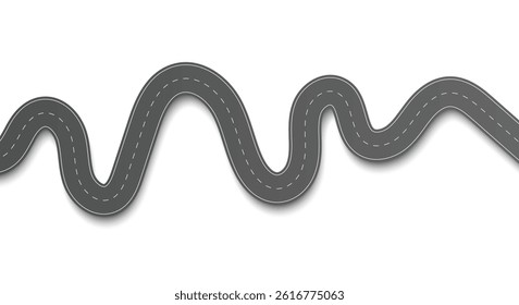 Flat vector illustration isolated on white background of wavy road with winding curves and horizontal path. Top view of race track and highway.