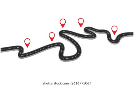 Flat vector illustration isolated on white background of wavy road with winding curves and horizontal path. Top view of race track and highway.