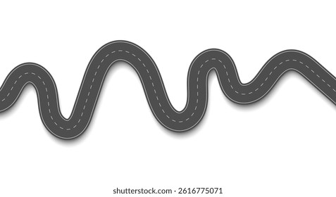 Flat vector illustration isolated on white background of wavy road with winding curves and horizontal path. Top view of race track and highway.